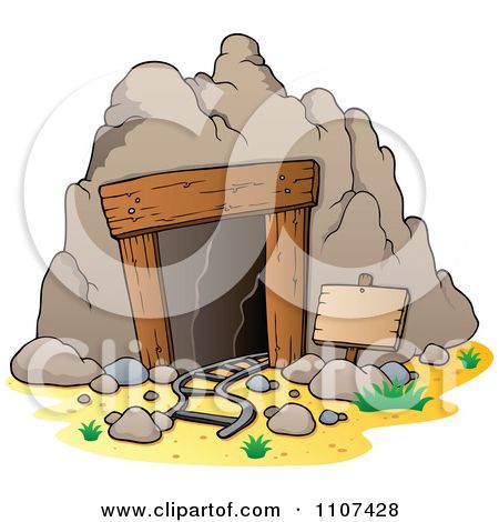 Cartoon illustration of a rustic mine entrance with wooden frame, railway tracks, and a blank signpost surrounded by rocks and sparse grass.