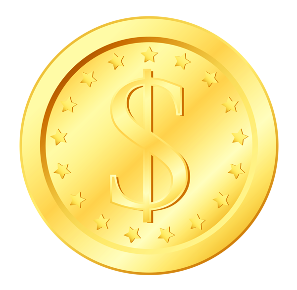 Golden coin with a dollar sign and surrounding stars, symbolizing wealth and currency.