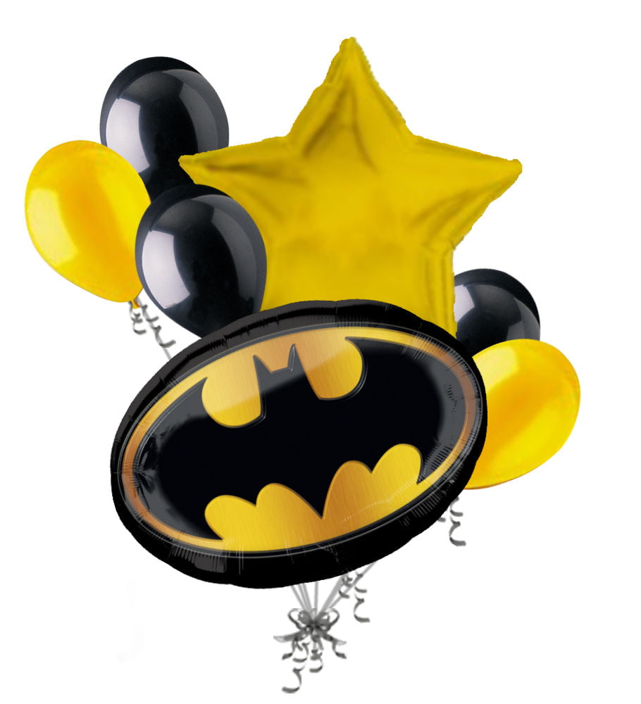 Batman-themed balloon bouquet with black and yellow balloons, star, and iconic logo.