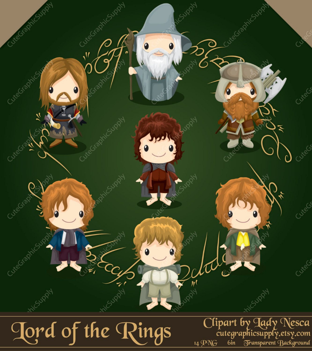 Chibi-style Lord of the Rings characters including Gandalf, Aragorn, Gimli, Frodo, Sam, Merry, and Pippin on a green background with Elvish script.