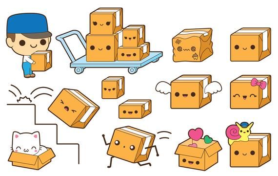 Cute cartoon boxes with faces, wings, and accessories; a delivery worker pushing a cart of smiling parcels.