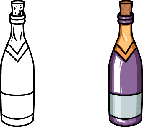 Line art and colored cartoon-style bottle with cork stopper and label, showing before-and-after illustration style.