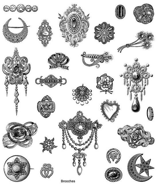 Vintage brooch designs in intricate black-and-white line art, showcasing Victorian, Art Nouveau, and floral motifs.