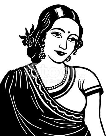 Black-and-white illustration of a South Asian woman in traditional sari with floral hair accessory and jewelry.