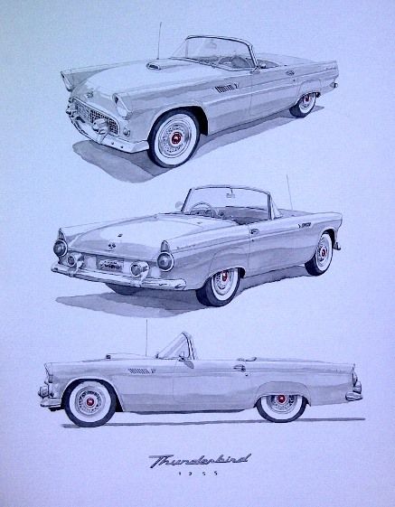 Three-view illustration of a 1955 Ford Thunderbird convertible in silver with red hubcaps, shown from front-three-quarter, side-three-quarter, and rear-three-quarter angles.