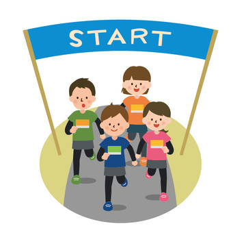 Four smiling children running under a blue "START" banner at a race event.