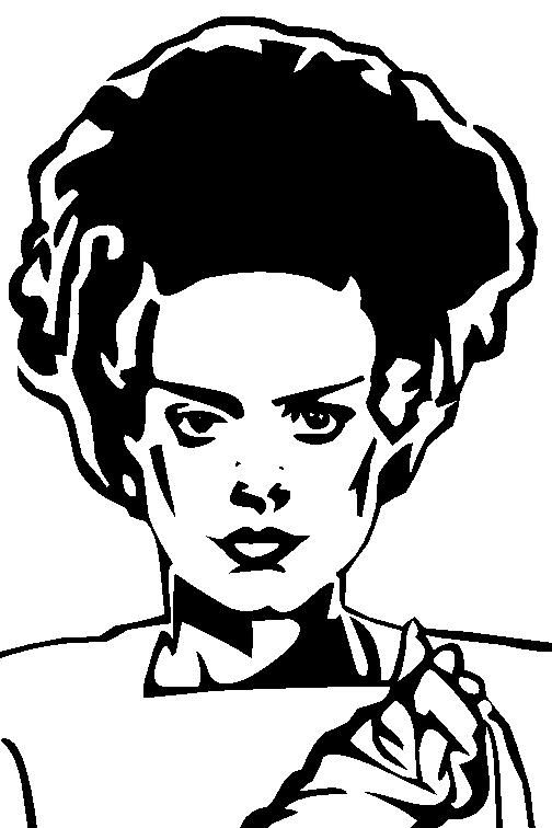 Black-and-white stylized illustration of a woman with voluminous hair and intense gaze, holding a small object.