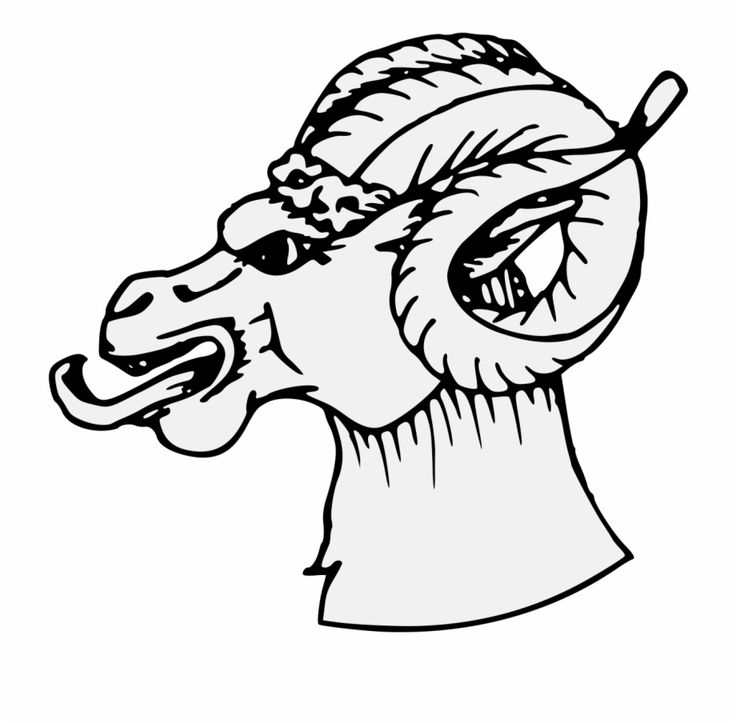 Stylized black-and-white line drawing of a ram’s head with large curled horns and expressive eye.