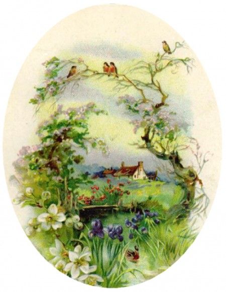 Vintage Spring Garden Illustration - Serene Countryside Scene with Birds and Cottage