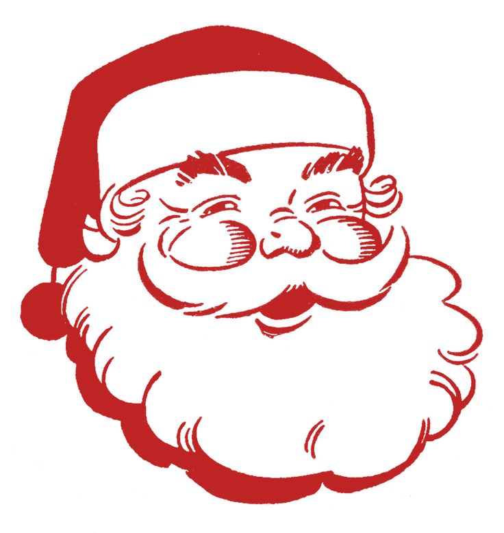 Red-and-white vintage-style illustration of Santa Claus’s smiling face with a fluffy beard and hat.