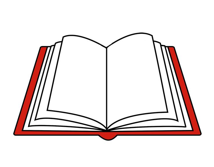 Open book with red cover and blank white pages, stylized line art illustration.