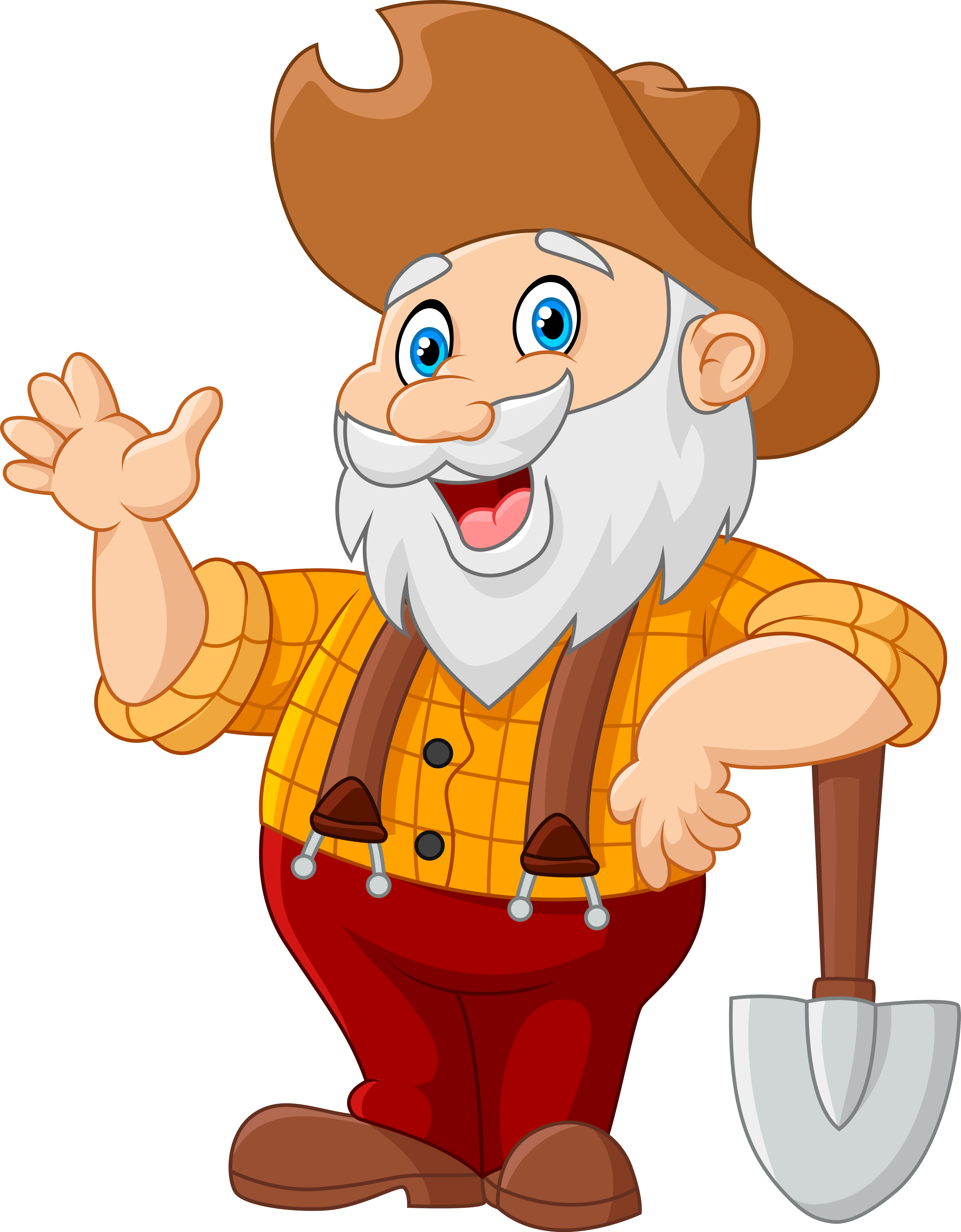 Cheerful cartoon gardener with white beard, brown hat, orange plaid shirt, red pants, and a shovel, waving happily.