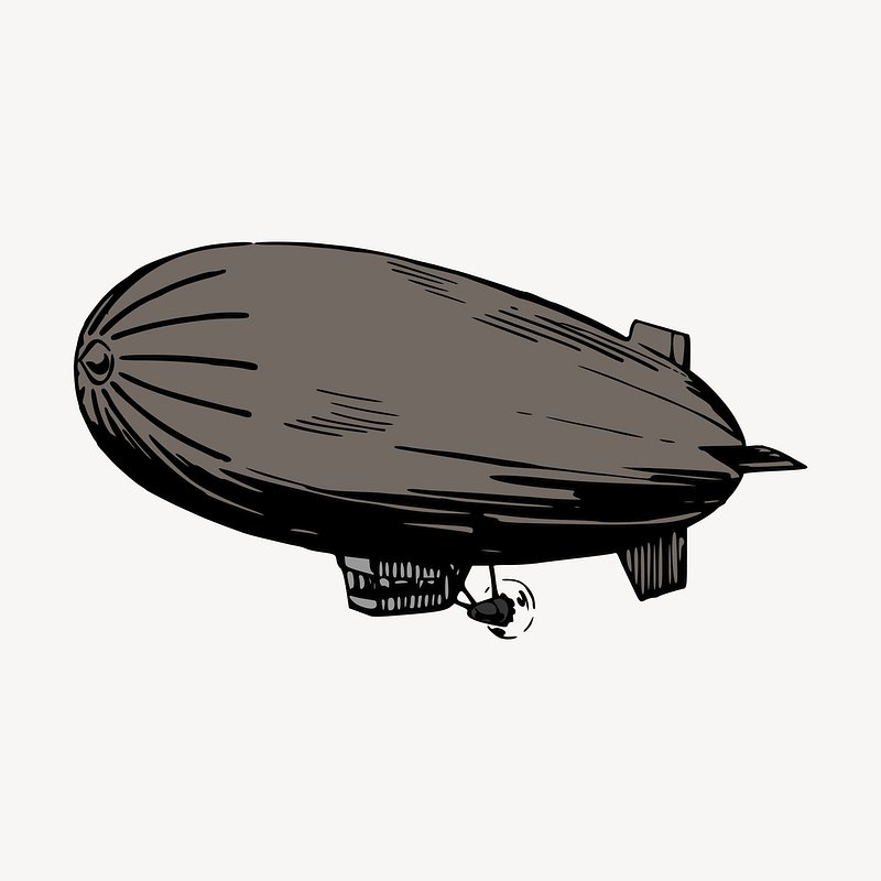 Vintage-style illustration of a classic rigid airship with gondola, propeller, and tail fins.