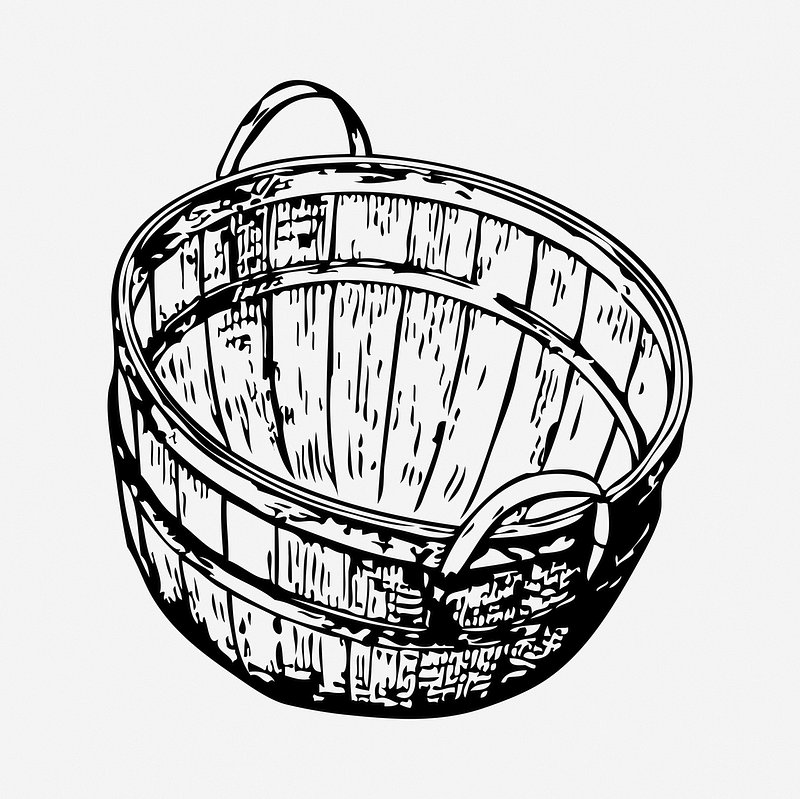 Hand-drawn black-and-white illustration of a traditional wooden basket with two handles and vertical slats.
