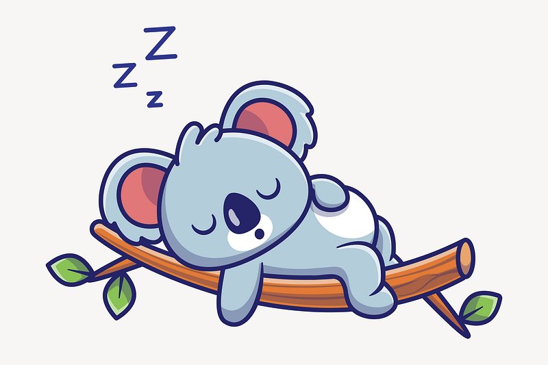 Cute cartoon koala sleeping peacefully on a tree branch with Z’s above its head.
