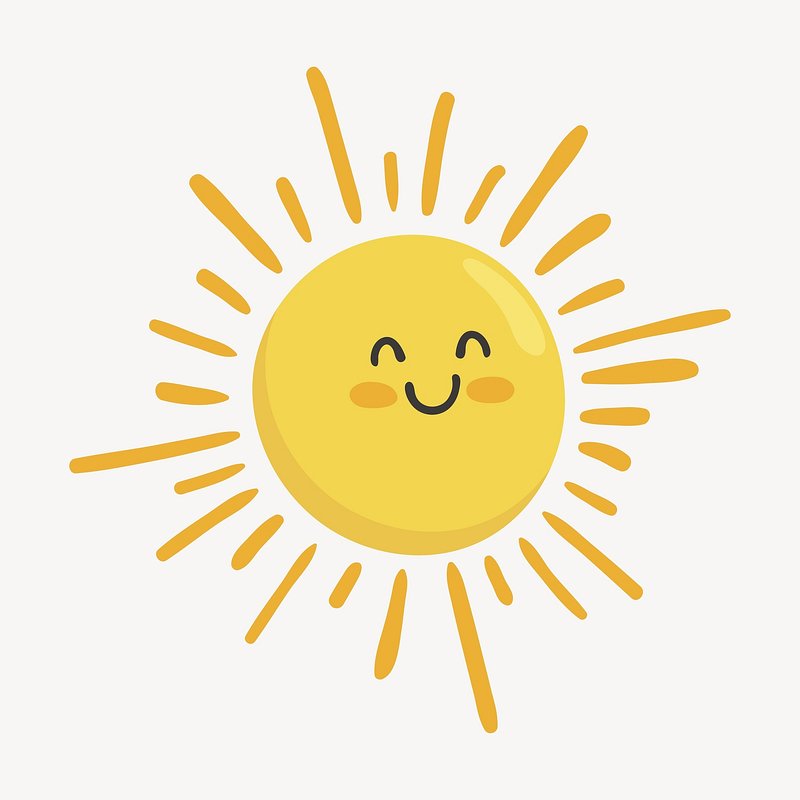 Cheerful cartoon sun with smiling face and radiating yellow rays on light background.