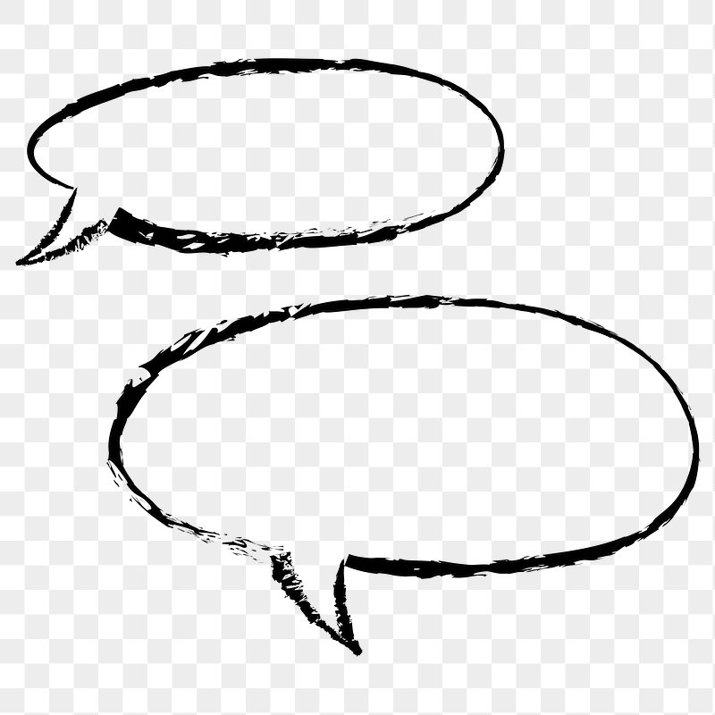 Two hand-drawn black speech bubbles with rough brushstroke outlines on transparent background.