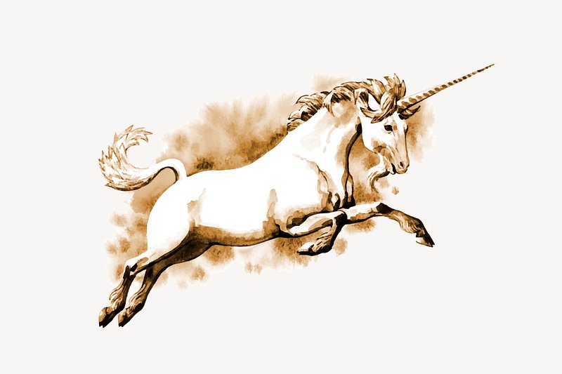 A majestic white unicorn galloping mid-leap, rendered in sepia watercolor with flowing mane and tail and a long spiraled horn.