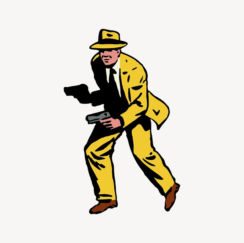 Stylized illustration of a man in a yellow suit and fedora holding two pistols, in bold comic-book art style.