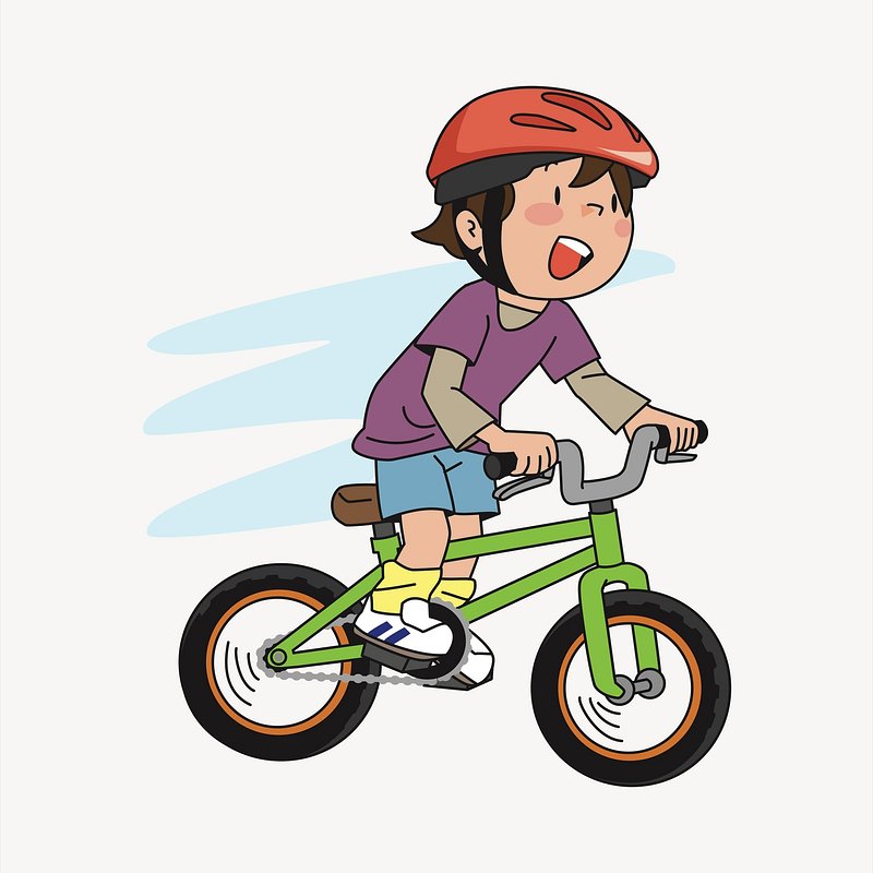 A smiling child wearing a red helmet rides a green balance bike with motion lines indicating speed.