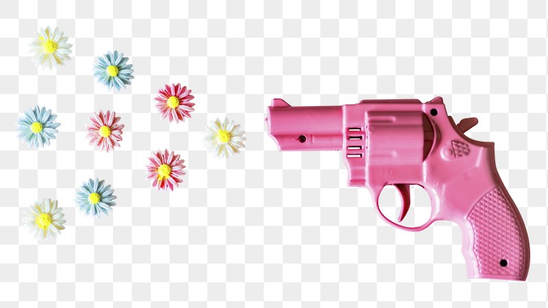 A bright pink plastic toy revolver beside a scattered arrangement of colorful daisy flowers on a transparent background.