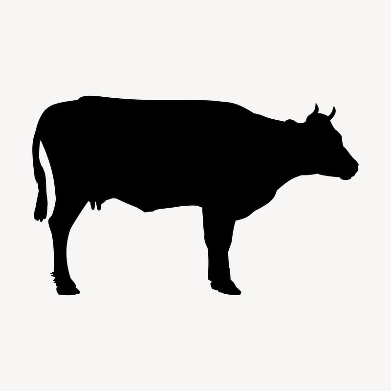 Black silhouette of a standing cow with horns, tail, and hooves on a light background.