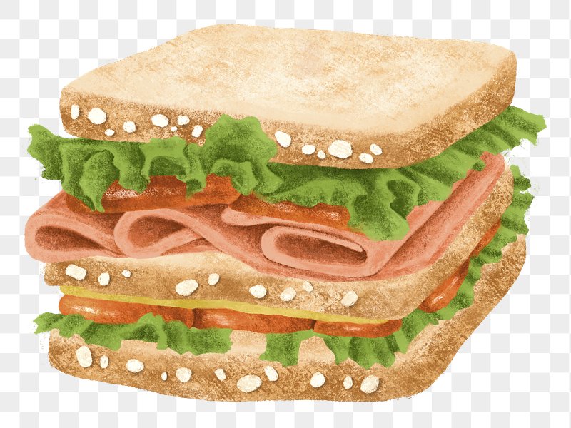 Illustrated layered sandwich with ham, lettuce, tomato, and cheese on seeded bread.