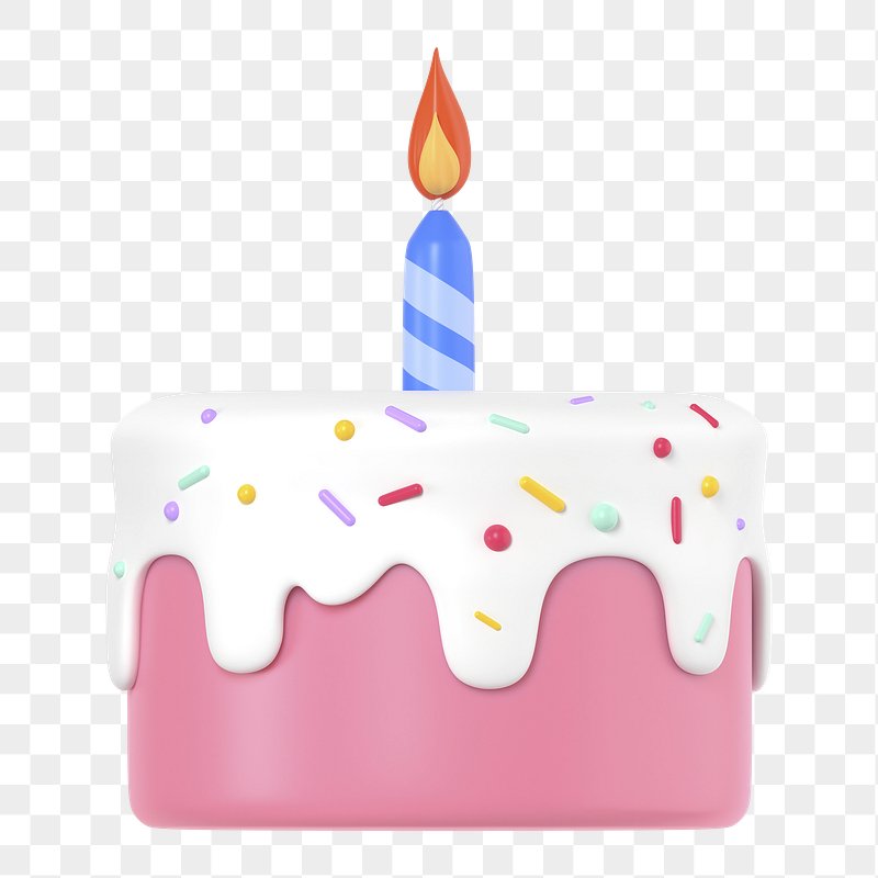 Pink birthday cake with white frosting, colorful sprinkles, and a single lit blue striped candle.