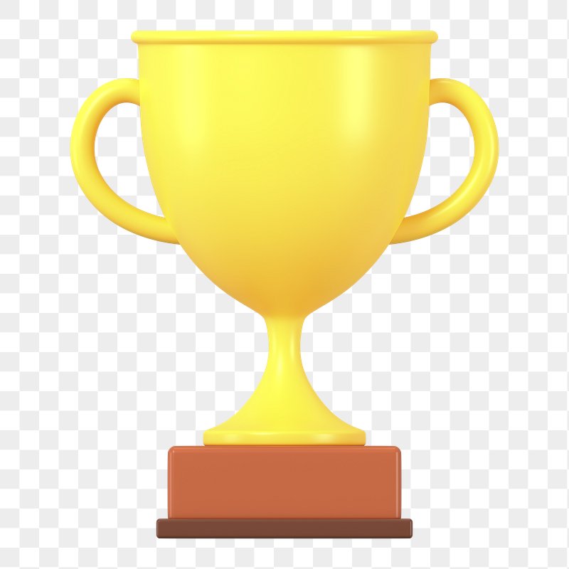 Golden trophy cup with two handles and brown base on transparent background.