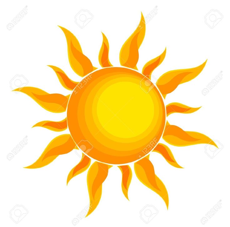 Bright cartoon-style sun with yellow core and orange flame-like rays on white background.
