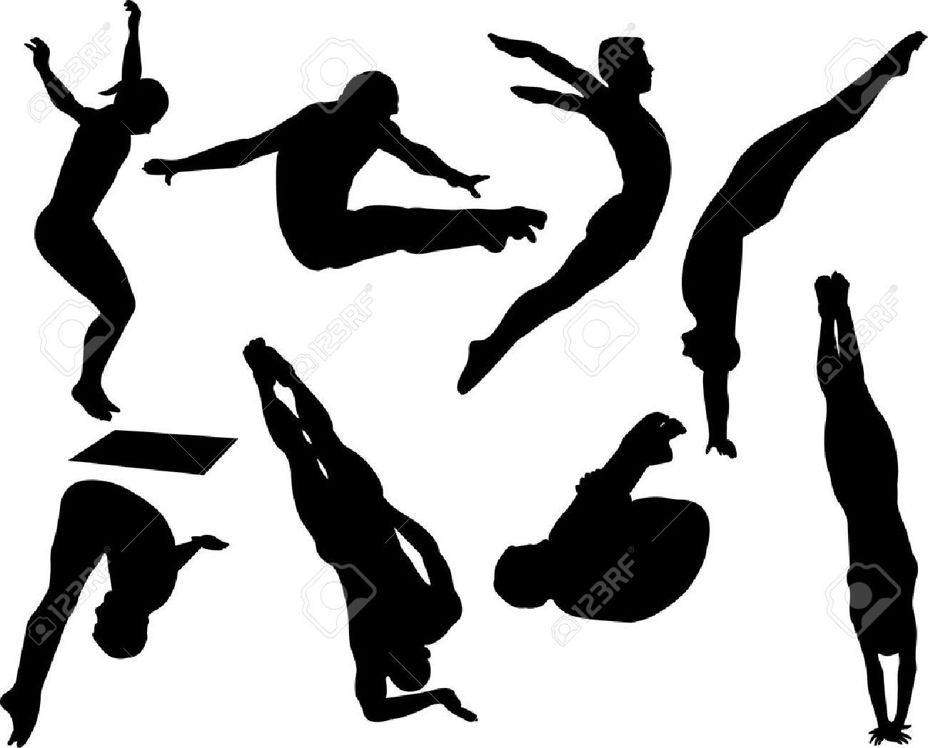 Silhouettes of divers in dynamic mid-air poses during competitive diving routines.