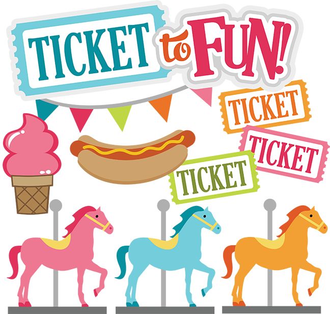 Colorful carnival-themed clipart with carousel horses, hot dog, cotton candy, and "Ticket to Fun" banners.