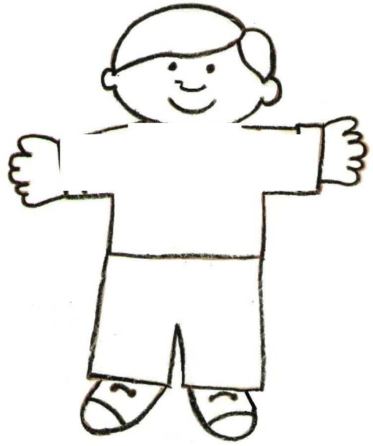 Simple black-and-white line drawing of a smiling child with outstretched arms, wearing a shirt, shorts, and shoes.