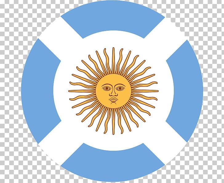 Circular emblem featuring Argentina’s Sun of May on a white and light blue cross, symbolizing national identity.