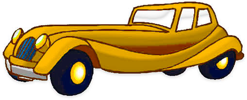 A stylized yellow vintage car illustration with blue grille, black tires, and gold hubcaps, in classic 1930s coupe design.