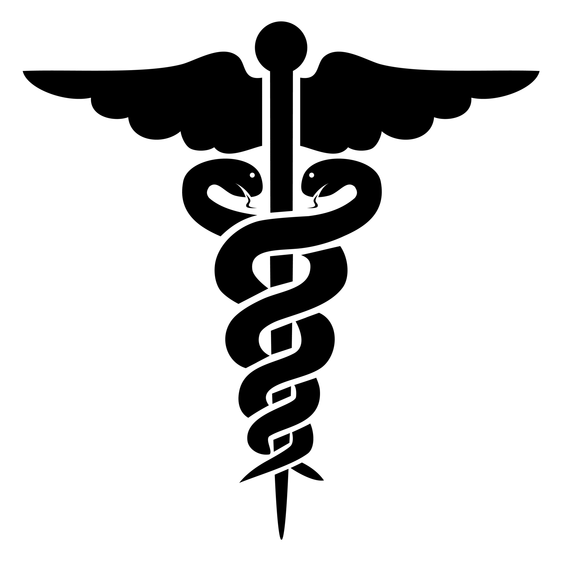 Black silhouette of the Caduceus symbol: winged staff entwined by two snakes, representing medicine and healthcare.