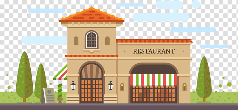 Italian-style restaurant building with arched doors, striped awning, and green trees.