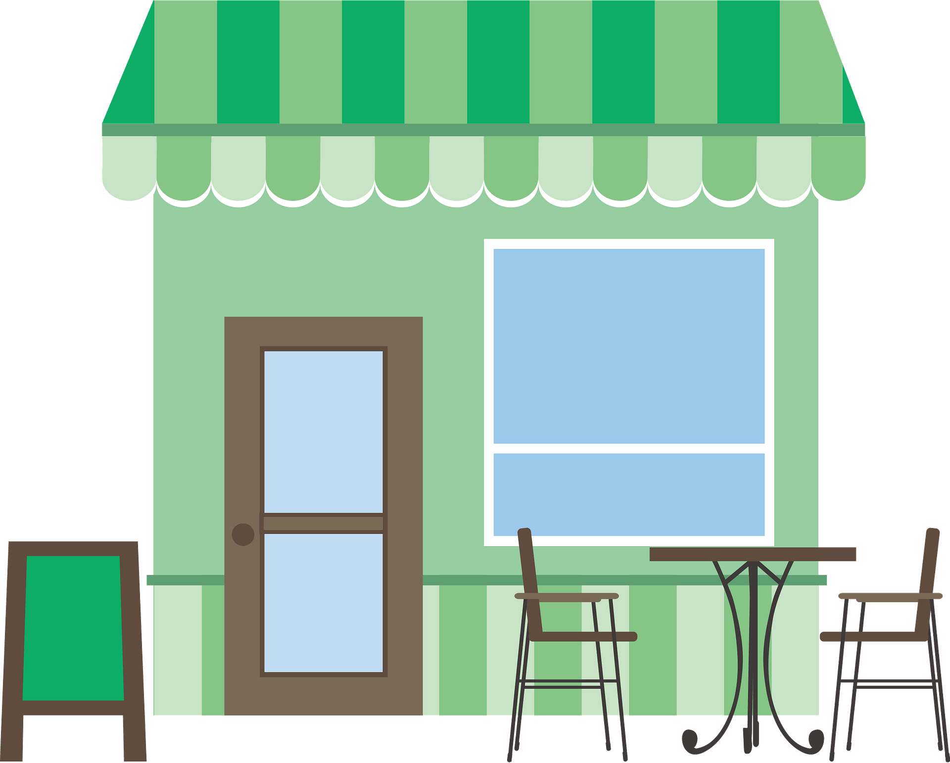 Green-striped café storefront with awning, door, window, outdoor table, chairs, and chalkboard sign.