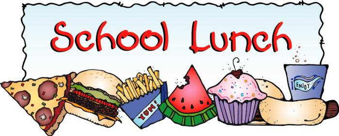 Colorful cartoon illustration of school lunch items including pizza, burger, fries, watermelon, cupcake, milk, and hot dog under "School Lunch" title.