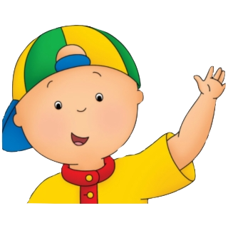 Caillou, a young animated boy in a yellow shirt and colorful cap, waving cheerfully.