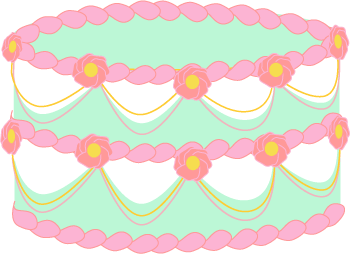 Two-tier pastel green cake with pink rose decorations and yellow ribbon swags.
