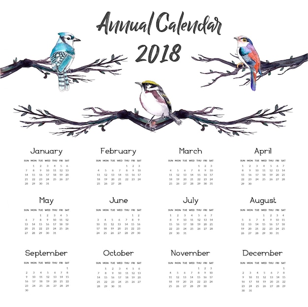 2018 Annual Calendar with Watercolor Bird Illustration | Printable Design