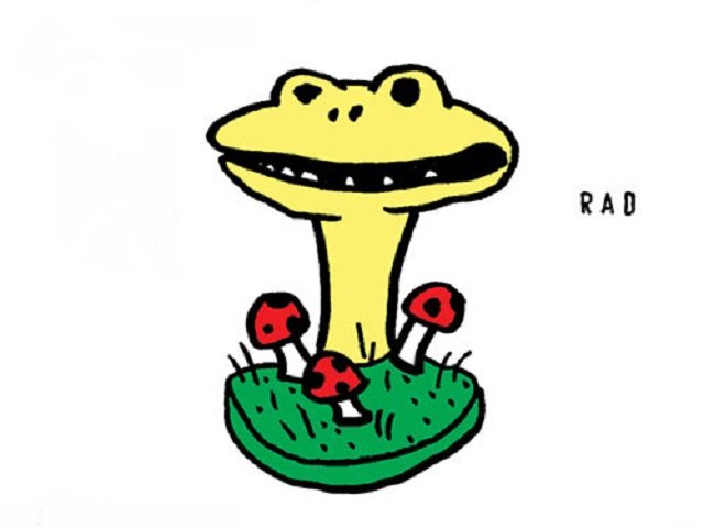 A cartoonish yellow frog-like mushroom with a wide grin, growing from green grass alongside three red-capped mushrooms; labeled "RAD".