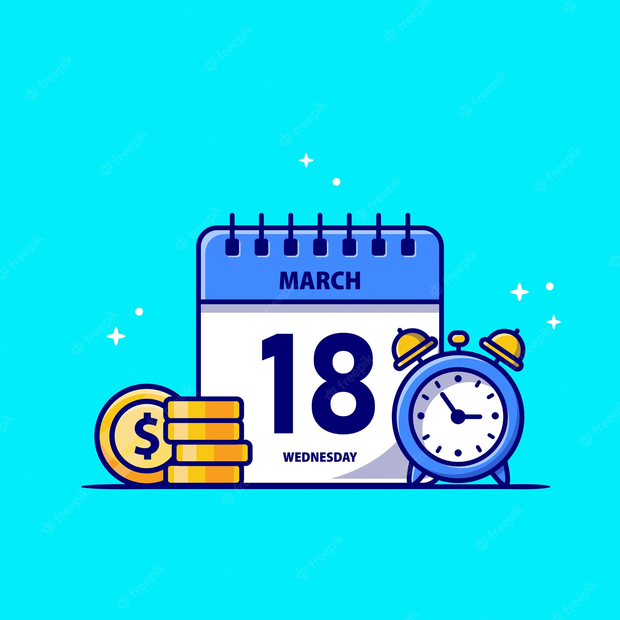 Calendar showing March 18 (Wednesday) with coins and alarm clock, symbolizing financial deadlines or payment reminders.
