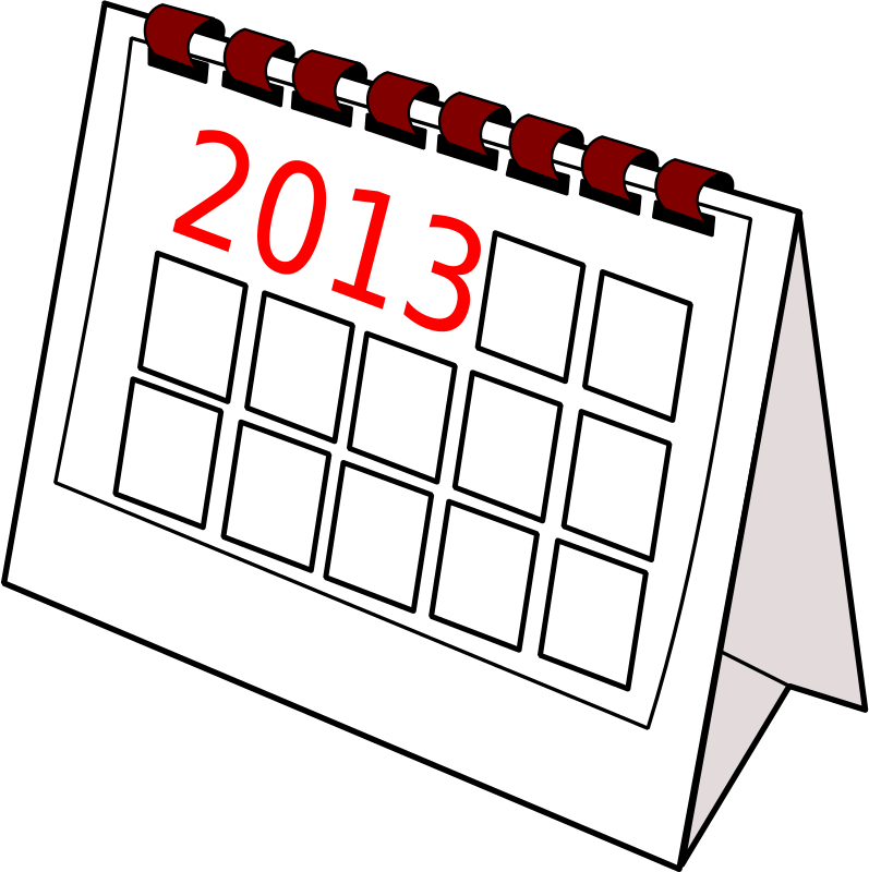 A desktop calendar showing the year 2013 in red, with blank date squares and a red spiral binding.