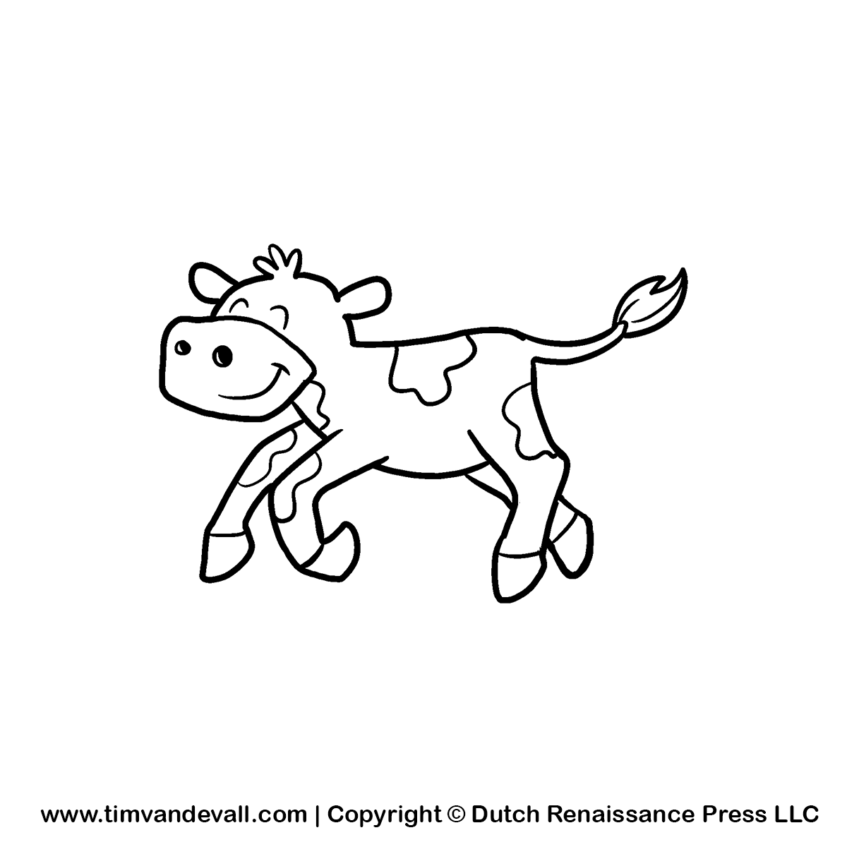 Smiling cartoon cow running with spotted coat and playful expression, black-and-white line art illustration.