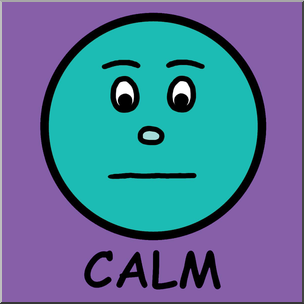Teal cartoon face with neutral expression labeled "CALM" on purple background.