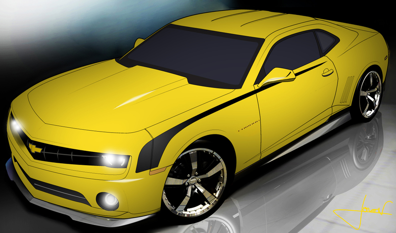 Vibrant yellow Chevrolet Camaro concept with black racing stripes, chrome wheels, and sleek modern design on reflective surface.