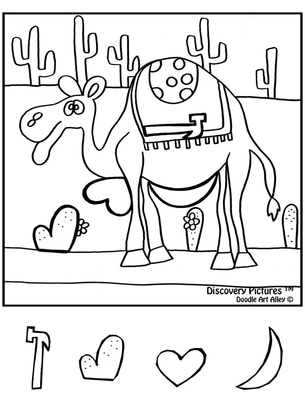 Cartoon camel with saddle in desert scene, cacti background, coloring page by Doodle Art Alley.