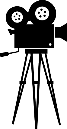 Silhouette of a vintage film camera on a tripod against a green background.